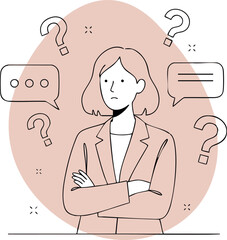 Confused woman surrounded by question marks and speech bubbles vector illustration 