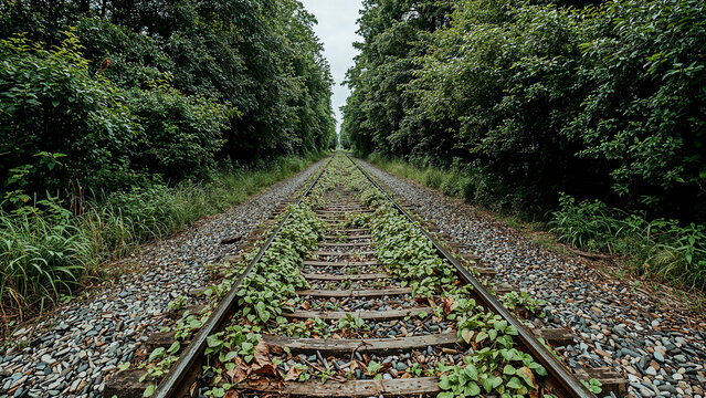 Abandoned railway tracks covered with ivy.