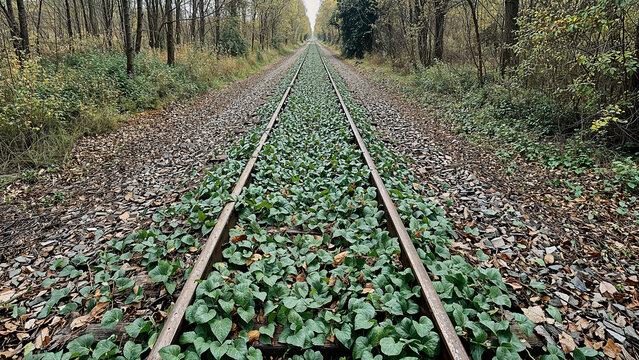 Abandoned railway tracks covered with ivy.