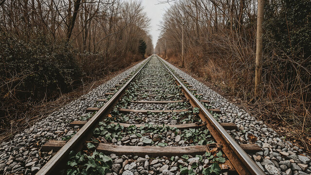 Abandoned railway tracks covered with ivy.