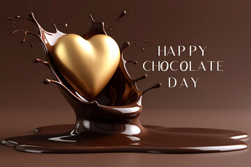 Golden Heart Chocolate Splash Design. Romantic Happy Chocolate Day Greeting Card.7th July world chocolate day.perfect for Valentine's Day or romantic gift design.