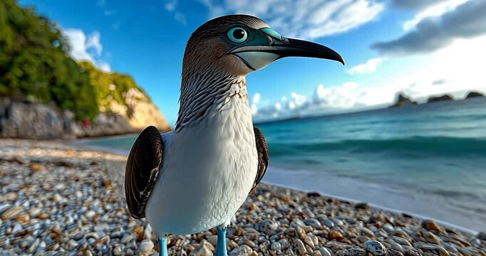 Close-up of a blue-footed booby on a beach, looking directly at the camera.
