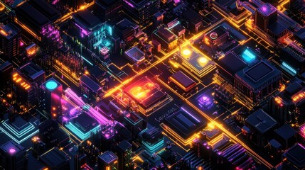 Abstract digital city, glowing circuits