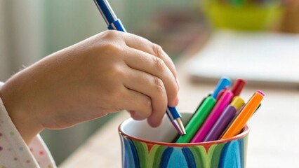 Close Up of Hand Picking Pen From Colorful Cup Representing Choice, Inclusion, and Individual Voice