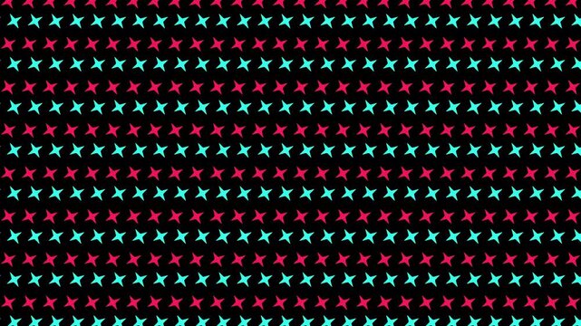 Animated pattern background filled with TikTok-style red and cyan star icons over black. Energetic and rhythmic visual suitable for trendy content, Gen Z branding, or short-form videos