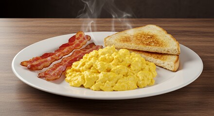 Steam rises from a delicious breakfast plate featuring fluffy scrambled eggs, crispy bacon, and perfectly toasted bread, a hearty and satisfying start to the day.