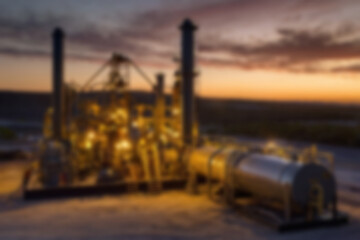 Fototapeta premium Blurry photo of an oil mine on land, showing a modern mining atmosphere without any people, sunset, economy.