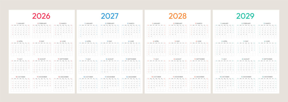 Calendar template clipart set. Collection of year 2026, 2027, 2028 and 2029 12 months annual, weekly and monthly layout business day schedule clip art vector illustration.
