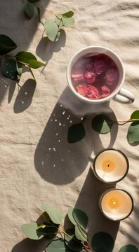 Steaming Rose Petals Tea with Eucaliptus and Candles on Neutral Linen Bokeh Lights in Boho Feminine Minimal Vertical Flat Lay