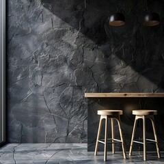 Minimalist Slate Wall and Hickory Counter Tables in Ultra Photography