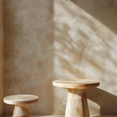 Minimalist Eggshell Wall Adorned with Sleek Maple Counter Tables in Close-Up