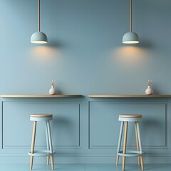 Minimalist Architectural Space Featuring Powder Blue Wall and Light Cherry Counter Tables