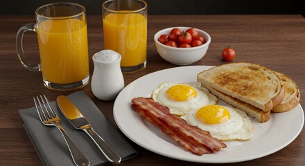 Delightful Breakfast Scene: Sunny-Side Up Eggs, Crispy Bacon, Toasted Bread, and Orange Juice Beckon a Perfect Morning.