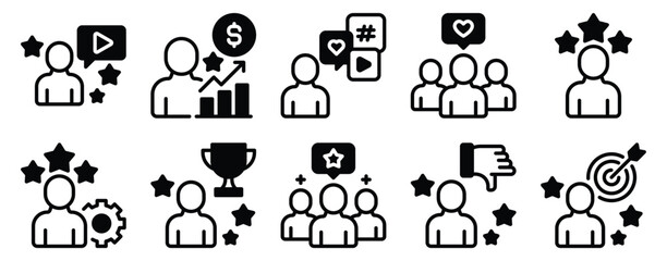 Influencer Icon Set Solid Style Collection representing social media presence and digital engagement suitable for marketing campaigns content creation and branding platforms