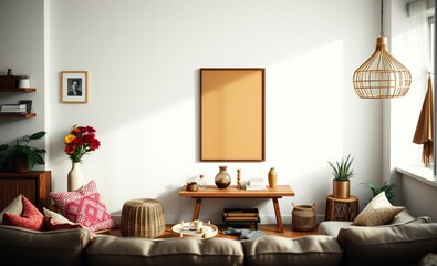 A bohemian living room adorned with a brown mock-up poster frame elegant accessories a vibrant flower vase a rustic wooden shelf and a charming hanging rattan hut exuded a minimalist yet cozy atmosphe