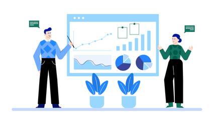 Two people discussing business graphs on a screen, suitable for presentations, reports, articles, websites, and social media posts.