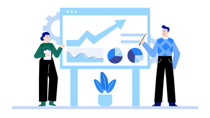 Two people discussing business charts and graphs, suitable for presentations, marketing materials, reports, and financial publications.