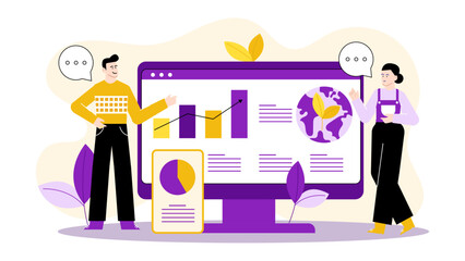 Two people present business growth data on a computer screen. Suitable for business presentations, financial reports, teamwork concepts, collaboration.