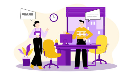 Two coworkers in office discussing project. Suitable for business articles, team collaboration blog posts, work-related presentations, and career related designs.