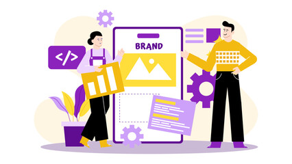 Two people collaborating on a digital brand, working together online. Perfect for digital marketing, entrepreneurship, partnership, and teamwork concepts.