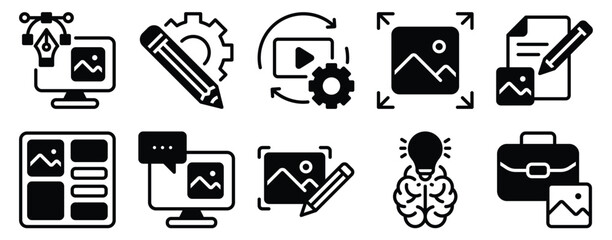 Art Design Icon Set Solid Style Collection representing creativity visual expression and artistic concepts suitable for design projects creative platforms and educational resources