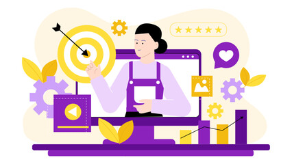 Woman on computer hitting target, achieving five star reviews and growth. Suitable for digital marketing, success stories, small business concepts.