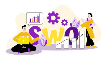 SWOT analysis presentation featuring diverse people and data driven charts, suitable for business strategy, market research, and organizational planning visuals.