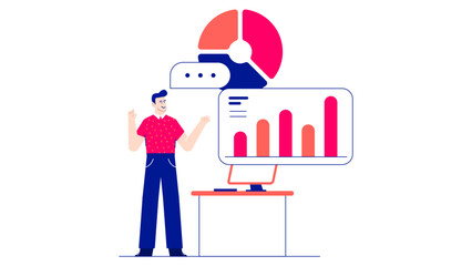 Man displaying data graphs on a computer screen, ideal for business presentations, financial reports, data analysis concepts, and technology themes.