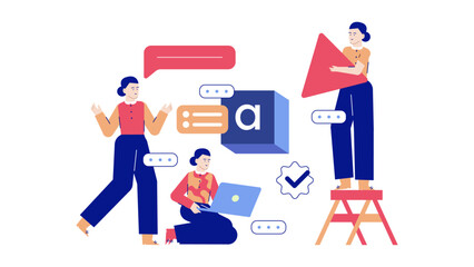 Women using laptops, speech bubbles, collaborating. Suitable for teamwork, communication, business concepts in presentations, articles, social media posts.