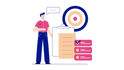 Man reviewing a checklist near a target, suitable for business goals setting concepts, strategic planning, project management, progress tracking presentations.