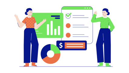 Two women presenting financial data and charts, suitable for business presentations, corporate reports, financial blogs, and investment websites.