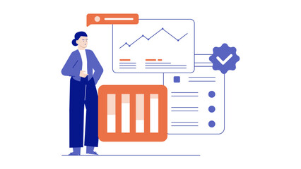 Woman presenting business data graphs and charts. Suitable for presentations, reports, financial analysis, market research, and business meetings.