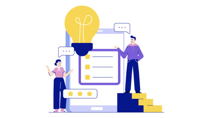 Two people sharing ideas on a large mobile phone screen, suitable for marketing presentations and technology promotional materials.