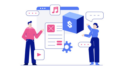 Illustration of two people discussing digital media monetization. Perfect for marketing materials, presentations, and website illustrations related to media content.