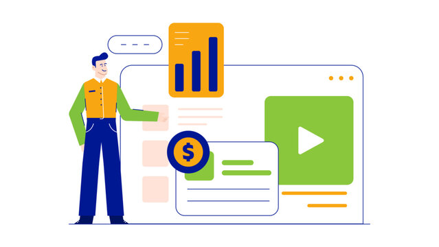 Man presenting a financial video marketing plan, suitable for business presentations, corporate websites, marketing materials, educational purposes, and financial blogs. - Powered by Adobe