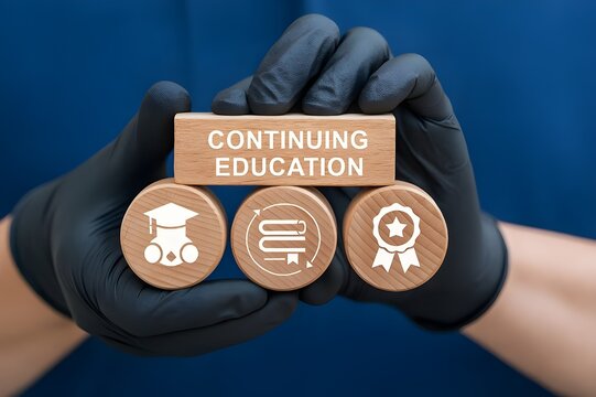 Doctor holding wooden blocks with icons sees inscription: CONTINUING EDUCATION. Continuing education and personal development healt care concept. Continuing professional medicine education.