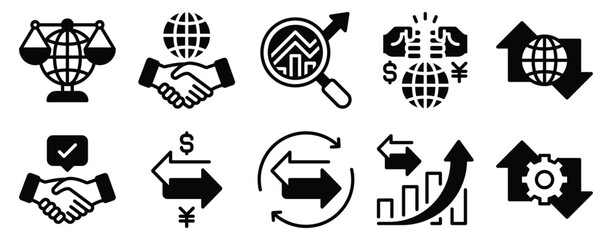 Fair Trade Icon Set Solid Style Collection representing ethical commerce and sustainable sourcing suitable for advocacy campaigns product labeling and educational materials