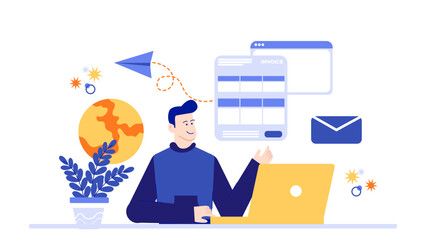 Man sending invoice via laptop globally, suitable for business, finance, online transactions, remote work, technology concepts, international communication.