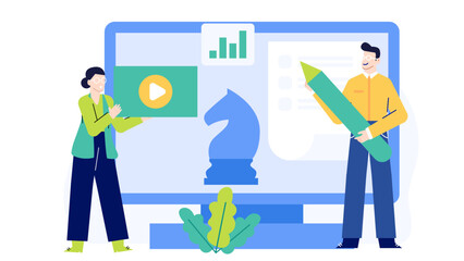 Two individuals brainstorming content strategy near a large computer screen. Suitable for marketing, business, teamwork, digital strategies, and content planning concepts.