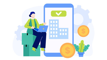 Woman utilizing mobile finance app, managing business expenses and finances on the go. Perfect for financial or entrepreneurship concepts.