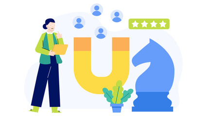 Woman strategizing customer acquisition, suitable for marketing materials, business presentations, and digital advertising campaigns. Insightful and professional concept.