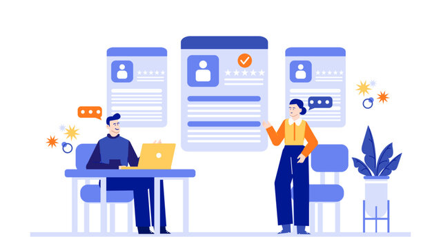 Two people analyzing online profiles, discussing employee ratings. Suitable for HR, job search, social media content, career coaching materials.