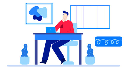 Man working at his blue desk. Suitable for office, business, work from home concept designs, website graphics, and social media posts.