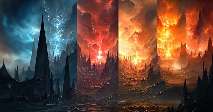 Fantasy landscape with fiery and icy skies above dark, gothic architecture.