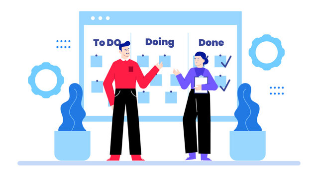 Two people organizing tasks on a digital todo list. Suitable for productivity apps, remote teamwork tools, scheduling websites, business blogs.