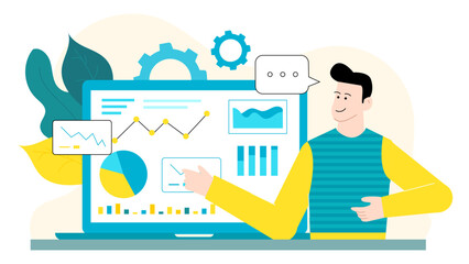 Man showing data charts on a laptop, ideal for business presentations, educational materials, digital marketing content, technology related concepts.