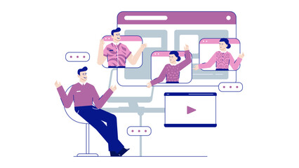 Person video conferencing with three colleagues, suitable for online meetings, remote work, virtual team collaboration, webinars, and digital communication concepts.