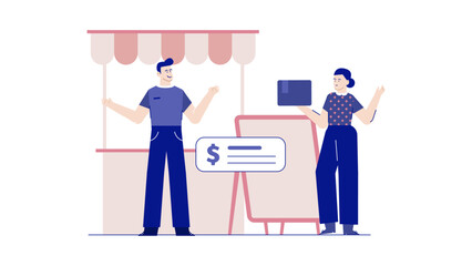 Woman hands package to man at market stand. Suitable for business, communication, teamwork, exchange concepts. Useful for presentations, websites.