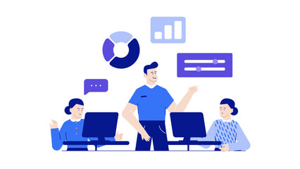 Team presents data using graphs, charts, and computers, ideal for illustrating teamwork in a modern office setting or data analysis concept.