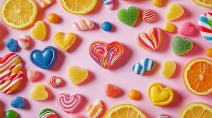 Papier peint photo  Colorful candy hearts and swirls on pink  © karmimbar